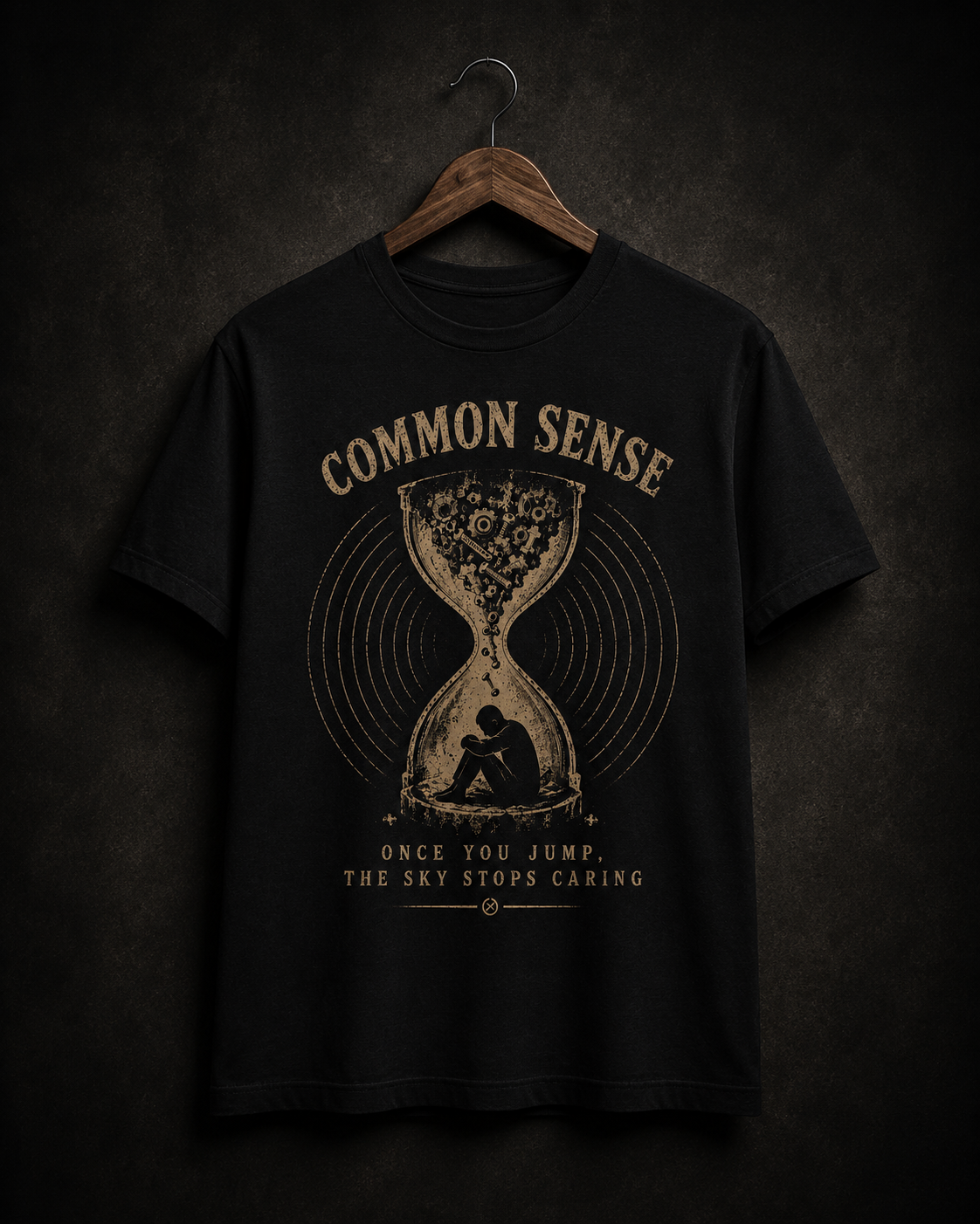 Common Sense T-shirt on a wooden hanger